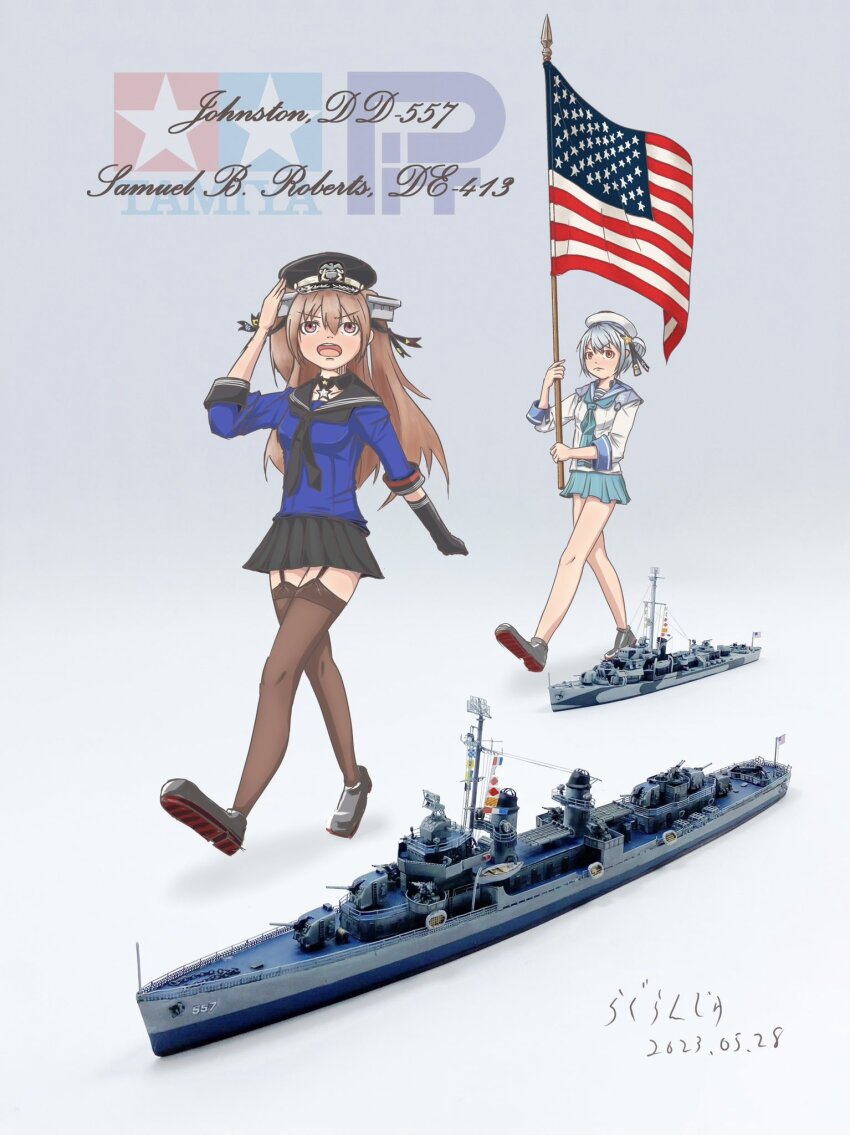 2girls adapted_costume american_flag aqua_neckerchief aqua_skirt black_gloves black_hat black_neckerchief black_sailor_collar black_skirt blue_hair blue_sailor_collar blue_shirt brown_eyes character_name commentary_request dixie_cup_hat double_bun easytyann full_body garter_straps gloves hair_bun hat hat_ribbon highres johnston_(kancolle) kantai_collection light_brown_hair logo long_hair long_sleeves marching military_hat model_ship multiple_girls neckerchief off_shoulder personification red_eyes ribbon sailor_collar sailor_hat sailor_shirt samuel_b._roberts_(kancolle) school_uniform serafuku shirt short_hair single_glove skirt tamiya_incorporated two_side_up uss_johnston_(dd-557) uss_samuel_b_roberts_(de-413) vehicle_and_personification white_hat white_shirt