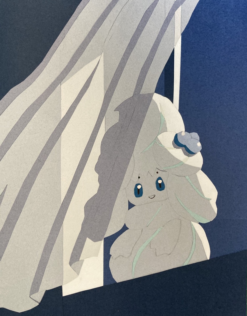 absurdres alcremie alcremie_(berry_sweet) alcremie_(salted_cream) blue_eyes curtains gen_8_pokemon highres night night_sky nintendo no_humans on_windowsill open_mouth paper_cutout_(medium) papercraft_(medium) pokemon pokemon_(creature) sky smile solo tori_chiritsu unconventional_media window