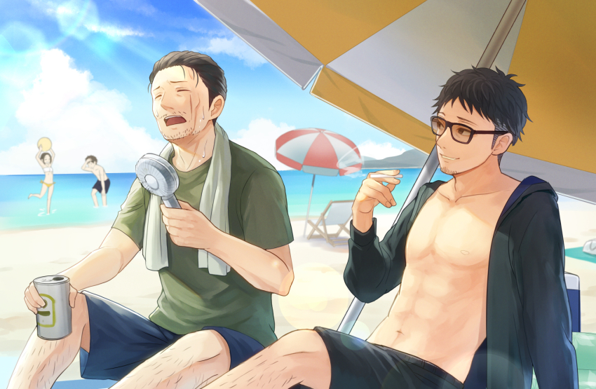 1girl 3boys artist_request ball beach_chair beach_umbrella beachball bikini black_hair black_jacket black_male_swimwear black_swim_trunks blue_male_swimwear blue_swim_trunks can character_request cigarette day electric_fan facial_hair green_shirt hair_slicked_back hakozume:_kouban_joshi_no_gyakushuu hand_fan holding holding_can holding_cigarette jacket kamata_(hakozume) leg_hair male_focus male_swimwear matsushima_(hakozume) michino_(81097636) multiple_boys nakatomi_(hakozume) navel nipples ocean open_clothes open_jacket outdoors sakuma_(hakozume) shirt short_sleeves sideburns sitting smoking stubble sunglasses sweat swim_trunks swimsuit toned umbrella wading