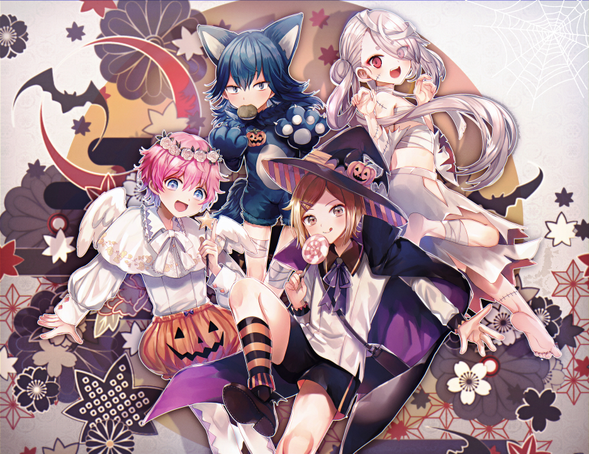 10s 4boys :d :q abandon_ranka akita_toushirou angel_wings animal_costume animal_ears bandages blue_eyes blue_hair brown_eyes brown_hair candy cape crescent_moon eyes_visible_through_hair flower food hair_bun hair_down hair_ornament hairclip halloween hat head_wreath highres houchou_toushirou ima-no-tsurugi jack-o&#039;-lantern kneehighs lollipop macaron male_focus moon mouth_hold multiple_boys open_mouth pink_hair ponytail puffy_shorts red_eyes rose sayo_samonji shorts silk single_hair_bun smile socks spider_web stitches striped_clothes striped_legwear striped_socks tongue tongue_out touken_ranbu wand white_flower white_hair white_rose wings witch_hat wolf_costume wolf_ears wolf_paws