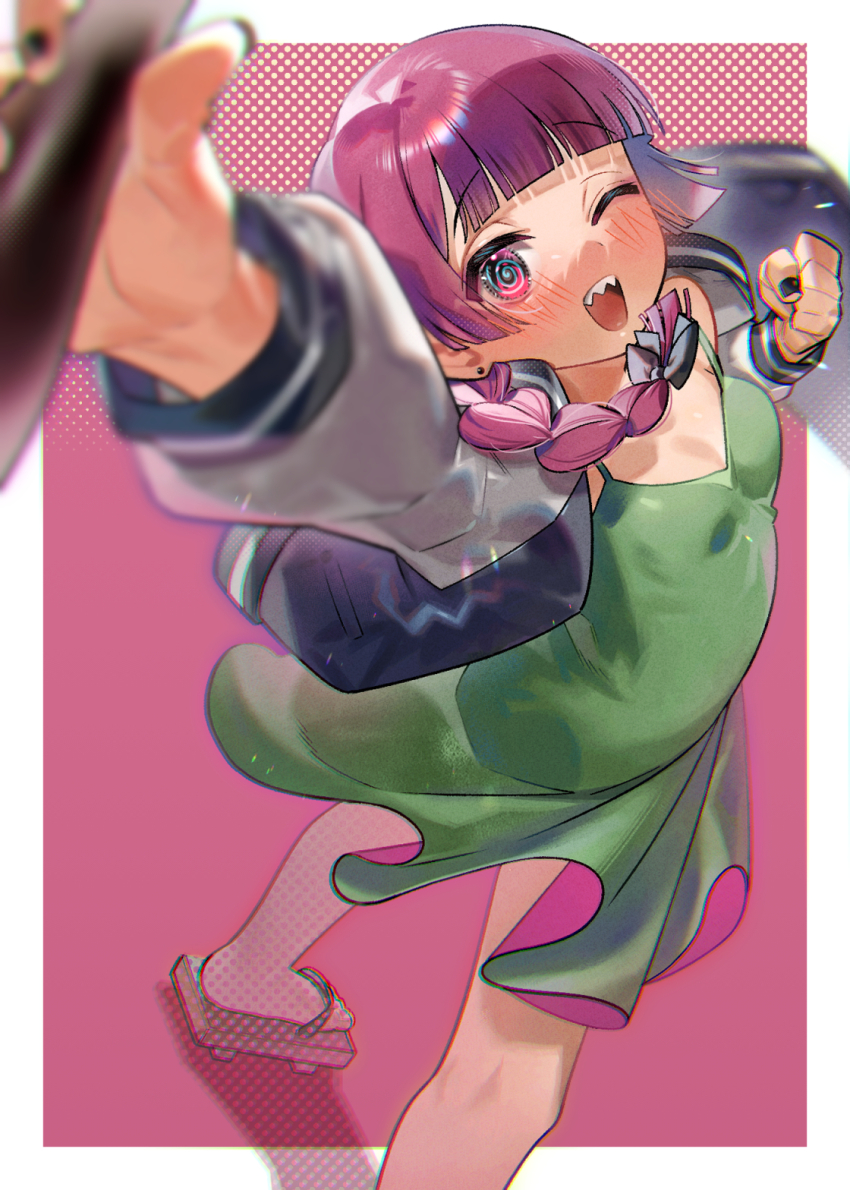 1girl @_@ alcohol arm_up black_jacket black_nails black_sandals blunt_bangs blurry blurry_foreground blush bocchi_the_rock! border bottle bow braid breasts clenched_hand dress drunk earrings fingernails foot_out_of_frame foreshortening from_above geta green_dress hair_bow highres hiroi_kikuri holding holding_bottle jacket jewelry long_sleeves looking_at_viewer looking_up multicolored_jacket nail_polish one_eye_closed open_mouth outside_border pink_background polka_dot polka_dot_background puffy_long_sleeves puffy_sleeves purple_hair sandals sharp_teeth single_braid small_breasts smile sofa_(enogunomu) solo spaghetti_strap standing stud_earrings teeth white_border white_sleeves