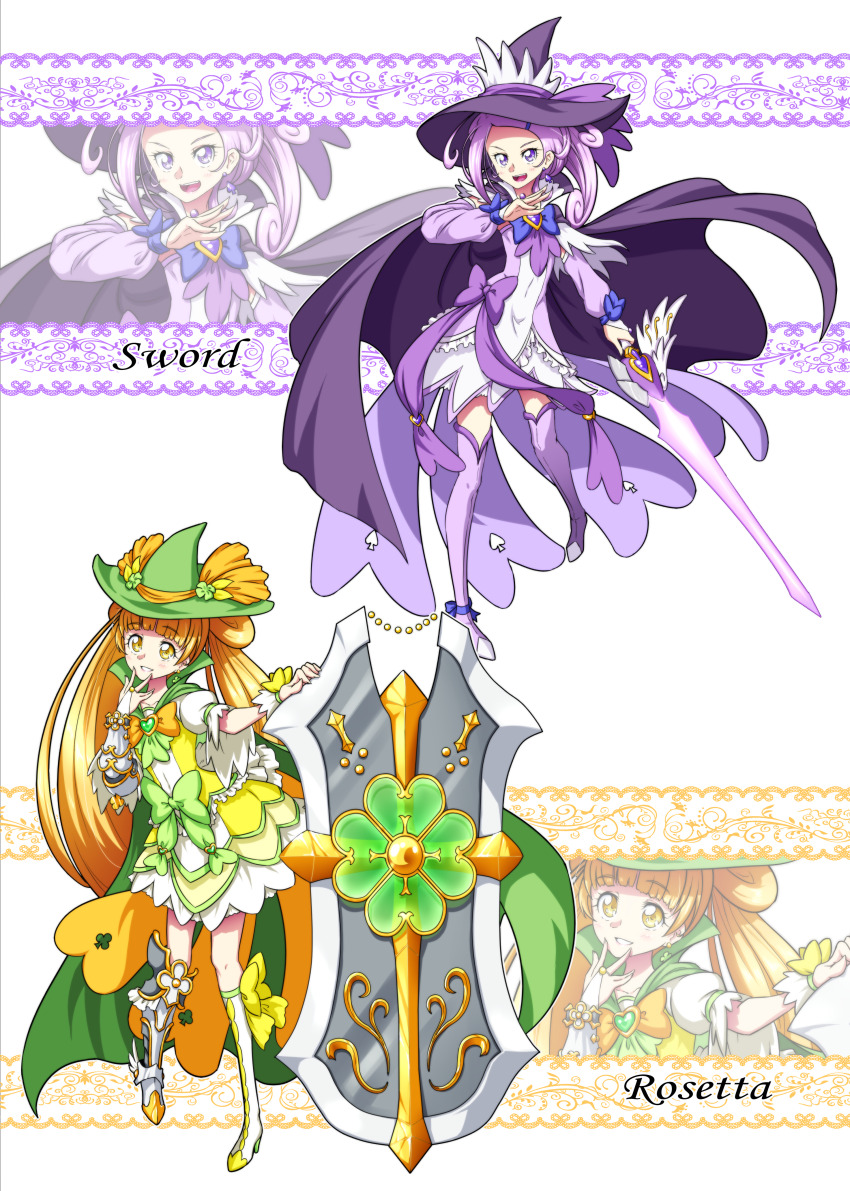 2girls :d absurdres adapted_costume alternate_costume asymmetrical_clothes boots bow cape character_name commentary_request cure_rosetta cure_sword detached_sleeves dokidoki!_precure dress earrings eyelashes hair_ornament happy hat highres jewelry kenzaki_makoto large_hat looking_at_viewer magical_girl mahou_girls_precure! matatabi_(karukan222) multiple_girls open_mouth orange_hair ponytail precure puffy_short_sleeves puffy_sleeves purple_bow purple_dress purple_eyes purple_footwear purple_hair purple_thighhighs shield short_hair short_sleeves side_ponytail smile standing sword thigh_boots thighhighs thighs twintails weapon witch witch_hat wrist_cuffs yellow_eyes yotsuba_alice