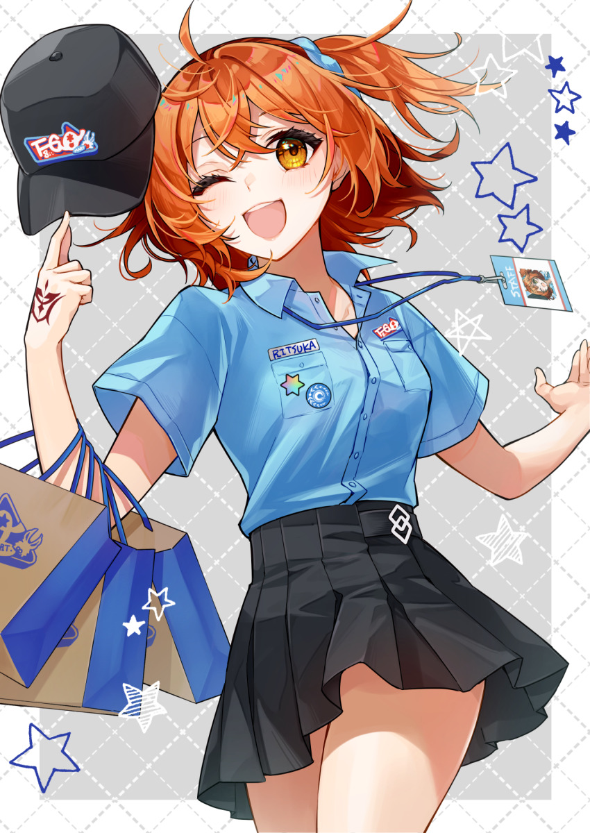 1girl ;d ahoge bag blue_scrunchie blue_shirt breasts buttons card chaldea_logo collared_shirt command_spell elbow_carry fate/grand_order fate_(series) fujimaru_ritsuka_(female) hair_between_eyes hair_ornament hair_scrunchie hat highres holding holding_bag holding_unworn_clothes holding_unworn_hat ichino_tomizuki id_card lanyard looking_at_viewer medium_breasts name_tag one_eye_closed one_side_up open_mouth orange_eyes orange_hair partially_unbuttoned saint_quartz_(fate) scrunchie shirt shopping_bag short_hair side_ponytail skirt smile solo unworn_hat unworn_headwear