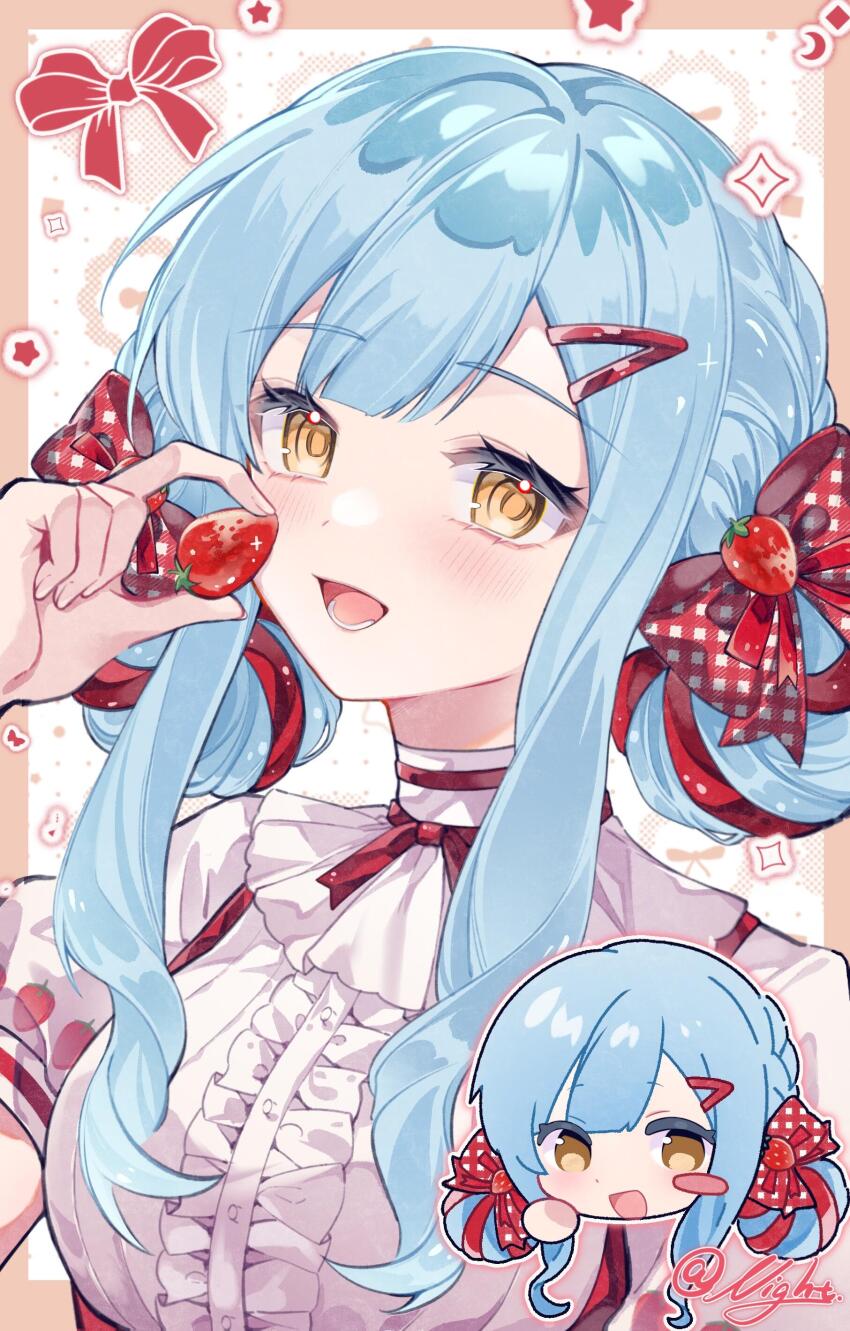 1girl :d absurdres artist_name bad_source bang_dream! bang_dream!_it&#039;s_mygo!!!!! blue_hair blush bow braid breasts center_frills chibi food food-themed_hair_ornament food_print frilled_shirt frills fruit fruit_print hair_bow hair_ornament hair_rings hairclip heart highres holding holding_food holding_fruit long_hair looking_at_viewer medium_breasts mizaoxian_zongzi multiple_views open_mouth polka_dot puffy_short_sleeves puffy_sleeves red_bow red_ribbon ribbon shirt short_sleeves sidelocks signature smile solo_focus strawberry strawberry_hair_ornament strawberry_print sweets_paradise togawa_sakiko togawa_sakiko_(sweets_paradise) upper_body white_shirt yellow_eyes