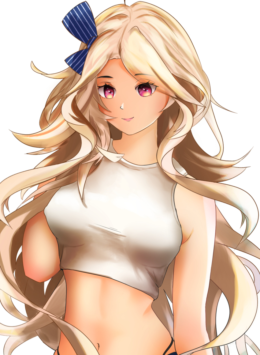 1girl azur_lane beefusteku blonde_hair blue_ribbon breasts brooklyn_(azur_lane) closed_mouth crop_top hair_ribbon hand_in_own_hair highres lips long_hair looking_at_viewer medium_breasts midriff navel purple_eyes ribbon shirt smile solo upper_body white_background white_shirt