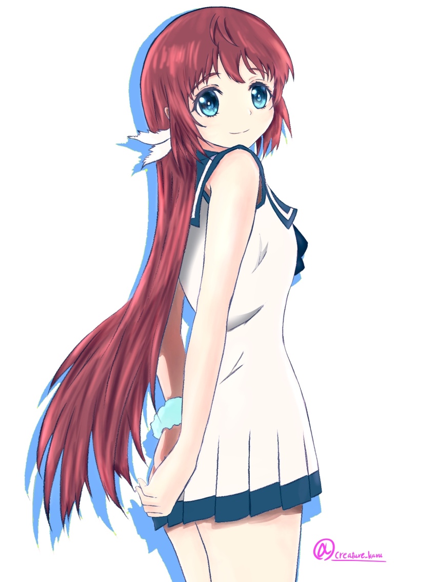1girl arms_behind_back blue_eyes blue_sailor_collar brown_hair cowboy_shot dress highres long_hair mukaido_manaka nagi_no_asukara nami_junior_high_school_uniform neck_ribbon nekojita_kavu pleated_dress ribbon sailor_collar sailor_dress school_uniform serafuku simple_background sleeveless sleeveless_dress solo white_background white_dress