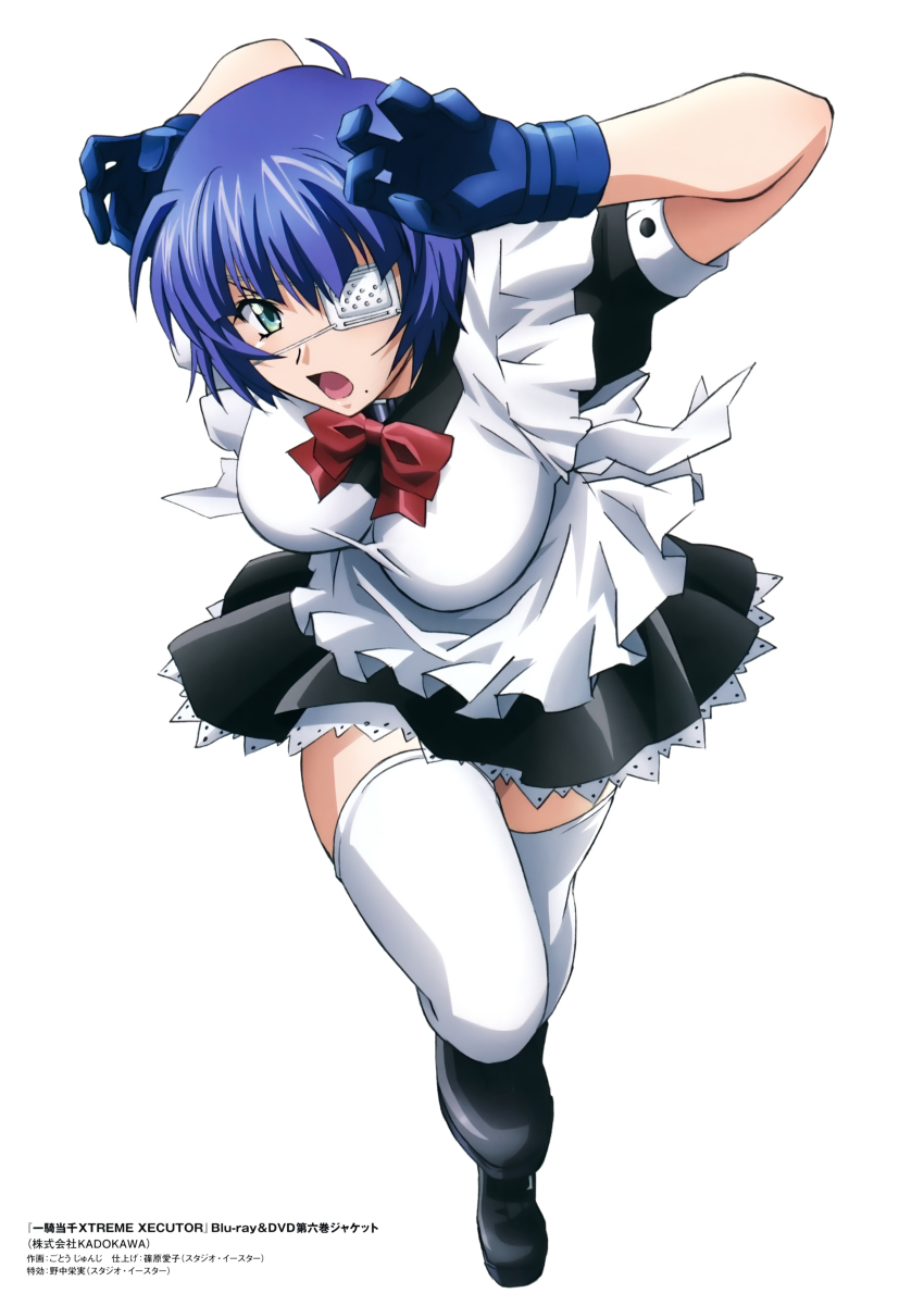 00s 1girl absurdres ahoge aqua_eyes black_boots black_shirt black_skirt blouse blue_gloves blue_hair boots bow bowtie copyright_name eyepatch female_focus full_body gloves hair_between_eyes highres ikkitousen looking_at_viewer maid miniskirt mole mole_under_mouth official_art one_eye_covered red_bow red_bowtie rin-sin ryomou_shimei shirt short_hair simple_background skirt solo thighhighs v-shaped_eyebrows white_background white_thighhighs