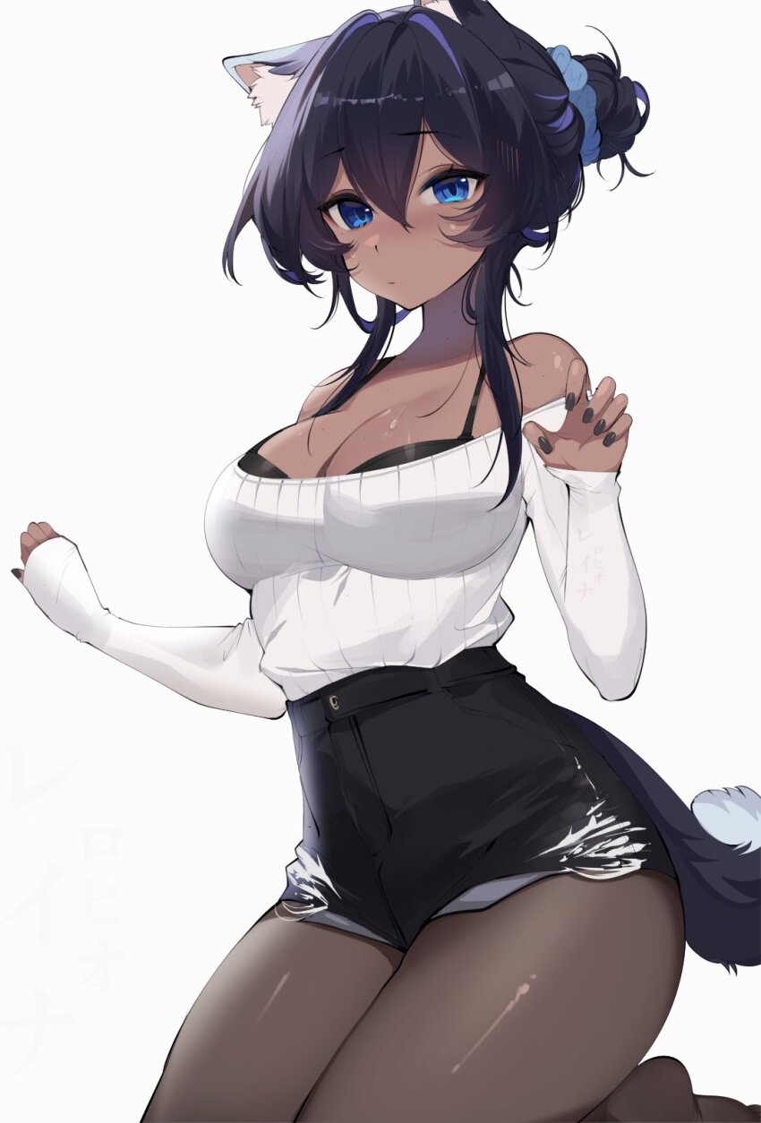 1girl animal_ear_fluff animal_ears black_bra black_hair black_nails black_shorts blue_eyes blue_scrunchie bra breasts cleavage dark-skinned_female dark_skin hair_between_eyes hair_ornament hair_scrunchie high-waist_shorts highres long_sleeves multicolored_hair original purple_hair rohioart scrunchie shorts sidelocks solo streaked_hair tail underwear