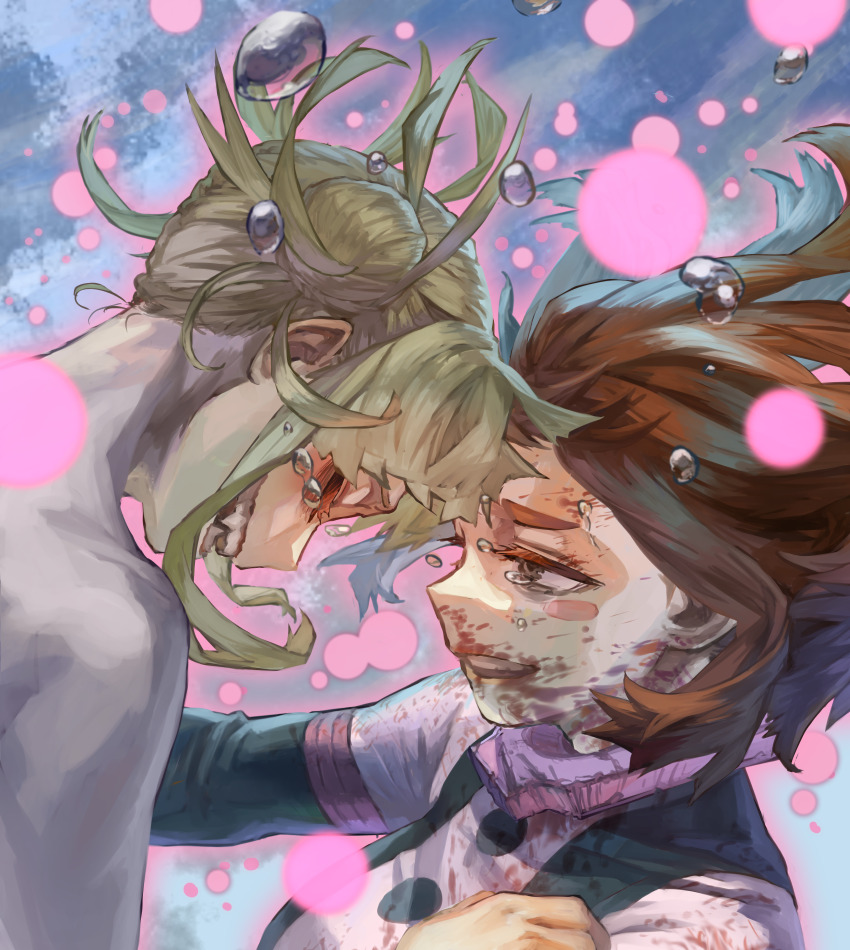 2girls absurdres bare_shoulders blonde_hair boku_no_hero_academia brown_eyes brown_hair crying double_bun hair_bun highres implied_nudity messy_hair multiple_girls out-of-frame_censoring sidelocks tears toga_himiko upper_body uraraka_ochako yomoyama_yotabanashi