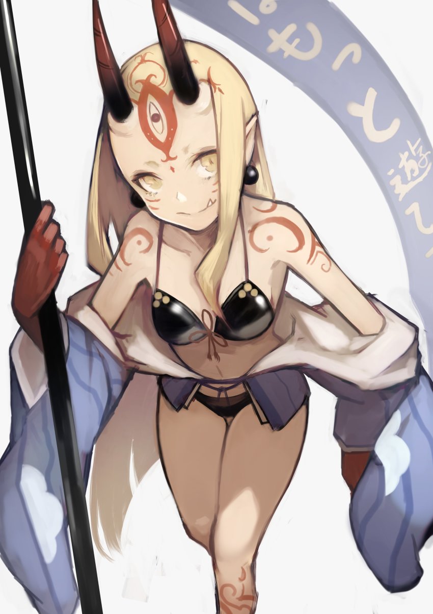 1girl absurdres bare_legs bare_shoulders bikini black_bikini blonde_hair blue_kimono blue_sky breasts commentary_request earrings facial_mark fang fate/grand_order fate_(series) forehead_mark highres holding holding_weapon horns ibaraki_douji_(fate) ibaraki_douji_(fate/grand_order) ibaraki_douji_(swimsuit_lancer)_(fate) ibaraki_douji_(swimsuit_lancer)_(first_ascension)_(fate) japanese_clothes jewelry kimono leaning_forward leg_tattoo long_hair looking_at_viewer navel off_shoulder oni oni_horns outside_border pointy_ears shoulder_tattoo simple_background sky smile solo swimsuit tattoo translation_request very_long_hair weapon white_background yellow_eyes yoshio_(55level)