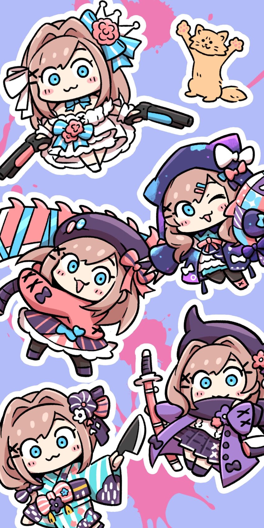 :3 alternate_costume animal_hood arm_up arms_up asymmetrical_bangs bag beret black_bow black_footwear blue_background blue_bow blue_eyes blue_shirt blush blush_stickers bow bracelet brown_hair buttons cat chibi closed_mouth collage crown dress dress_bow dress_flower dual_wielding fake_horns floral_print flower frilled_dress frilled_skirt frills full_body gun hair_between_eyes hair_bow hair_flower hair_intakes hair_ornament hairclip hand_up hat hat_bow hat_pin heart highres holding holding_gun holding_knife holding_sword holding_weapon hood hooded_jacket hoodie horns incoming_attack jacket japanese_clothes jewelry katana kimono knife long_hair long_sleeves looking_at_viewer looking_to_the_side medium_hair nijisanji official_alternate_costume official_alternate_hair_length official_alternate_hairstyle one_eye_closed open_clothes open_hoodie open_jacket open_mouth paint_splatter pink_bow pink_flower pleated_skirt pongari purple_flower purple_footwear purple_jacket purple_scarf purple_skirt raised_eyebrows ribbed_sweater saw saw_cleaver scarf shirt sidelocks single_horn skirt smile standing standing_on_one_leg staring striped suzuhara_lulu suzuhara_lulu_(1st_costume) suzuhara_lulu_(2nd_costume) suzuhara_lulu_(3rd_costume) suzuhara_lulu_(4th_costume) suzuhara_lulu_(5th_costume) sweater sword two-tone_bow vertical_stripes virtual_youtuber weapon wedding_dress whiskers white_bow white_dress white_flower white_footwear white_sweater wide_sleeves x_hair_ornament