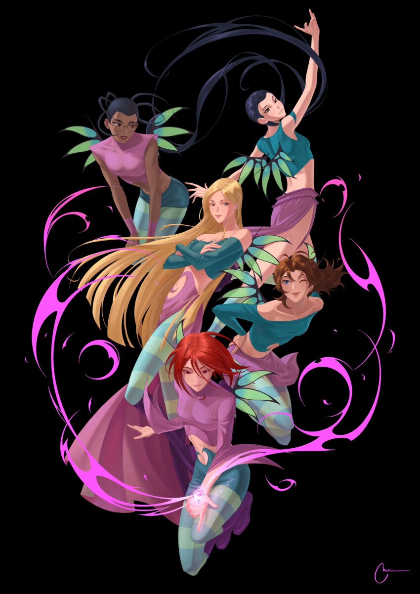 5girls ;) aqua_shirt arm_up artnikita bare_shoulders black_background blonde_hair blue_hair brown_hair commentary cornelia_hale crop_top crossed_arms dark-skinned_female dark_skin full_body glasses hay_lin highres irma_lair long_hair long_sleeves looking_at_viewer medium_hair multiple_girls one_eye_closed pantyhose purple_shirt purple_skirt red_hair shirt short_hair side_slit simple_background skirt smile striped_clothes striped_pantyhose taranee_cook twintails very_long_hair w.i.t.c.h. will_vandom wings