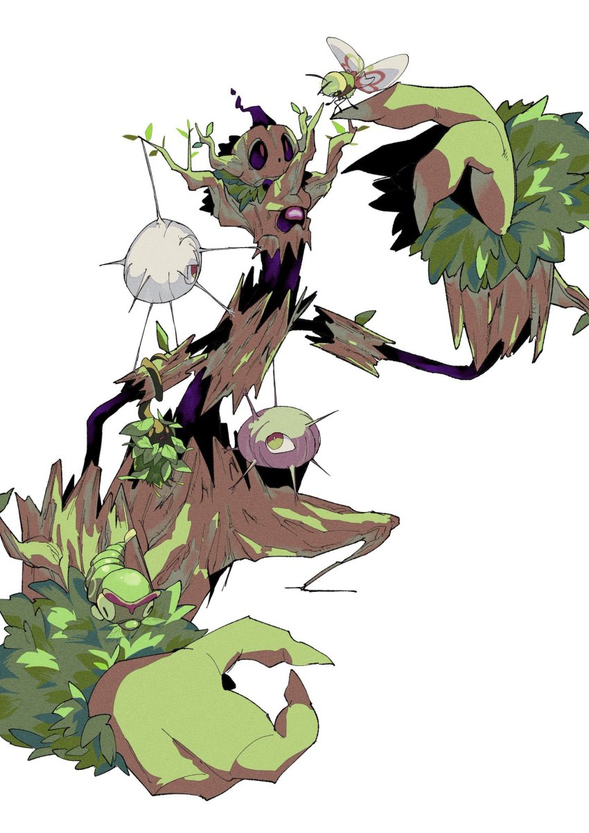 0_ici_0 bug burmy burmy_(plant) cascoon caterpie caterpillar cyclops gen_1_pokemon gen_3_pokemon gen_4_pokemon gen_6_pokemon gen_7_pokemon ghost highres nintendo no_humans one-eyed phantump pokemon pokemon_(creature) red_eyes ribombee silcoon tree trevenant white_background