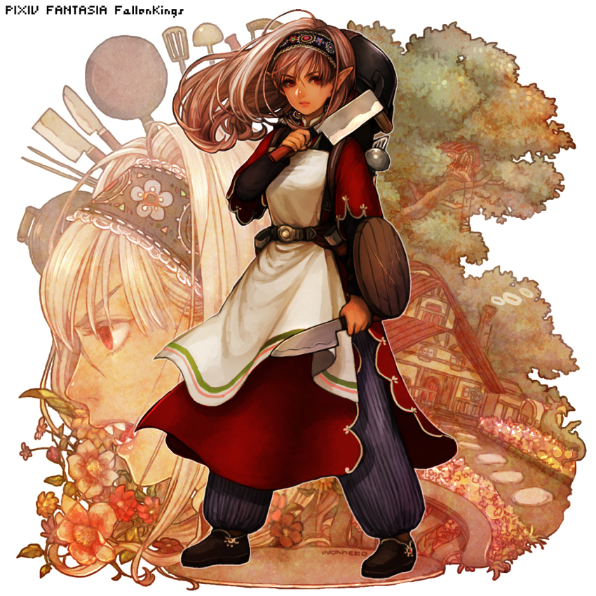 1girl akaneko_(redakanekocat) apron arm_shield artist_name brown_hair building closed_mouth commentary_request cooking_pot copyright_name dual_wielding floating_hair frying_pan full_body hairband highres holding holding_knife kitchen_knife knife ladle long_hair looking_at_viewer pink_lips pixiv_fantasia pixiv_fantasia_fallen_kings pointy_ears puffy_pants red_eyes sharp_teeth shield solo spatula teeth tree white_apron wooden_shield
