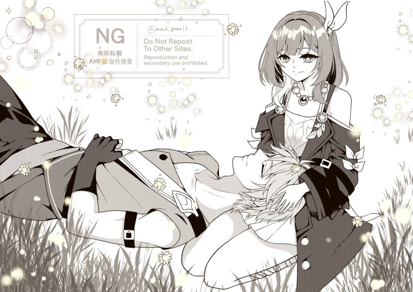 1boy 1girl bare_shoulders breasts coat commentary_request cyrene_(honkai:_star_rail) dress greyscale highres honkai:_star_rail honkai_(series) jewelry lap_pillow medium_hair mmk_game16 monochrome multicolored_hair necklace official_alternate_costume outdoors pants phainon_(a_dream_scented_in_wheat)_(honkai:_star_rail) phainon_(honkai:_star_rail) shirt short_hair small_breasts smile two-tone_hair