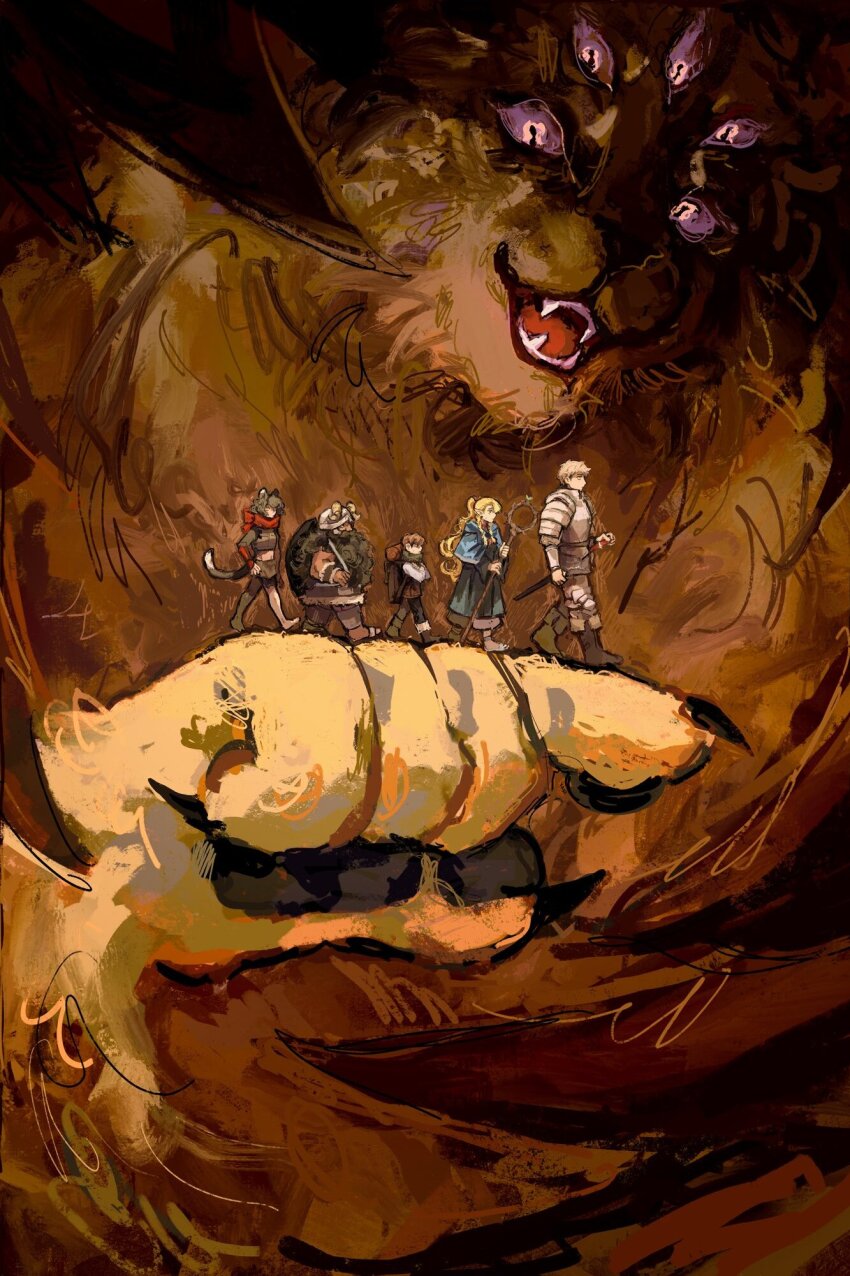 2girls 3boys ambrosia_(dungeon_meshi) animal_hands arm_armor armor asymmetrical_bangs bare_arms bare_legs bare_shoulders barefoot beard black_fur black_hair black_pants blonde_hair blue_capelet blue_robe bow bracer braid brown_bag brown_footwear capelet cat_girl cat_tail chilchuck_tims choker claws closed_mouth colored_sclera cropped crossed_arms demon dungeon_meshi extra_eyes facial_hair fake_horns fangs full_armor full_beard full_body fur-trimmed_kilt furry furry_male green_scarf hair_between_eyes hair_bow halfling hand_on_own_hip helmet highres holding holding_staff hood hooded_capelet horned_helmet horns izutsumi knee_armor laios_touden leather_armor lion long_hair long_sleeves looking_ahead looking_down mane marcille_donato md5_mismatch medium_hair multiple_boys multiple_girls mustache navel open_mouth pants pointing pointy_ears ponytail purple_sclera red_bow red_choker red_scarf robe scabbard scarf senshi_(dungeon_meshi) shaded_face sheath shirt short_hair shoulder_armor sidelocks single_vambrace spoilers staff sweatdrop sword symbol-shaped_pupils tail third-party_edit toeless_footwear twin_braids undercut upper_body vambraces weapon white_eyes white_loincloth white_pants white_shirt winged_lion_(dungeon_meshi) wok xaki_(chanxaki) yellow_fur