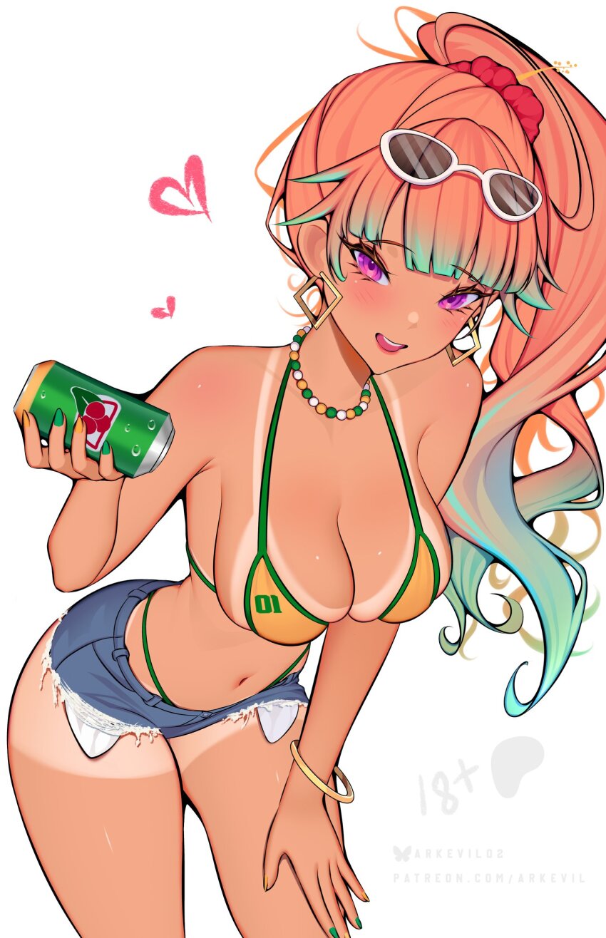 1girl ark_evil02 artist_name bangle bead_necklace beads bikini bikini_tan blue_shorts bracelet breasts can cleavage colored_tips denim denim_shorts drink_can earrings eyewear_on_head green_hair green_nails hair_ornament hair_scrunchie hand_on_own_thigh heart highres holding holding_can hololive hololive_english jewelry large_breasts leaning_forward long_hair looking_at_viewer medium_breasts micro_shorts multicolored_hair nail_polish necklace open_mouth orange_hair patreon_username ponytail purple_eyes red_scrunchie scrunchie short_shorts shorts smile soda_can solo sunglasses swimsuit takanashi_kiara tan tanline thighs virtual_youtuber yellow_bikini