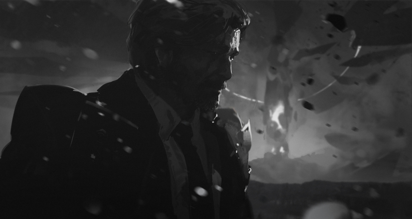 1boy absurdres clair_obscur:_expedition_33 collared_shirt commentary debris dino_(dinoartforame) facial_hair greyscale highres jacket making-of_available male_focus monochrome necktie portrait renoir_(clair_obscur:_expedition_33) scar scar_across_eye scar_on_face shirt short_hair solo spoilers