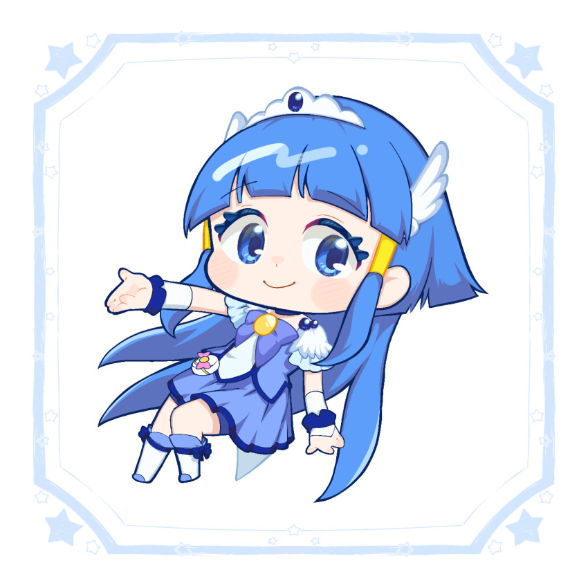 1girl aoki_reika arm_warmers bike_shorts bike_shorts_under_skirt blue_boots blue_bow blue_bowtie blue_choker blue_eyes blue_hair blue_shirt blue_shorts blue_skirt blush boots bow bowtie brooch chibi choker closed_mouth cure_beauty hair_ornament highres hime_cut jewelry long_hair magical_girl plv_276 precure shirt short_sleeves shorts skirt smile_precure! solo tiara wing_hair_ornament