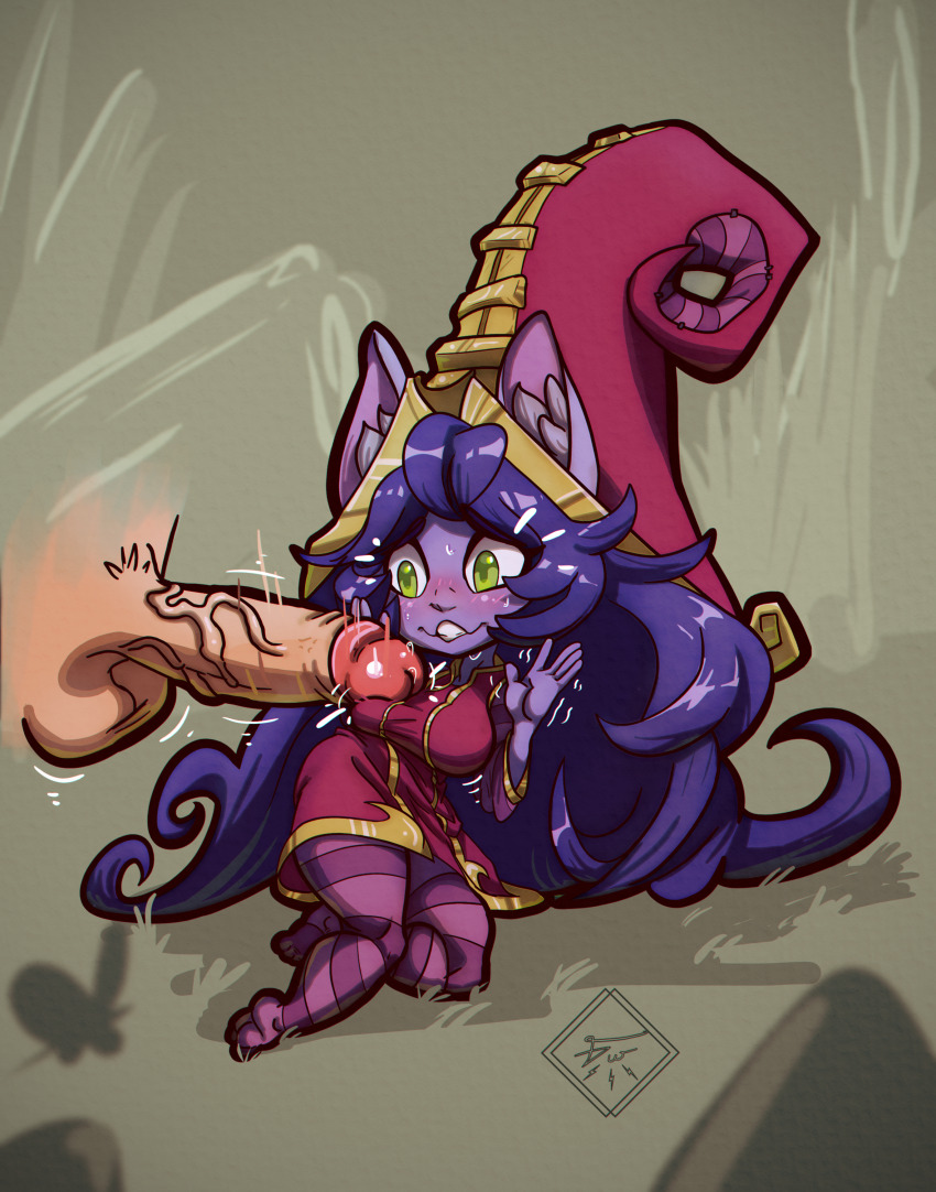 absurdres blush erection forest green_eyes gus_arts hetero highres huge_penis large_ears large_penis league_of_legends long_hair looking_at_penis lulu_(league_of_legends) nature penis penis_awe plant purple_hair riot_games shortstack simple_background smile surprised tencent testicles tree veins veiny_penis yordle