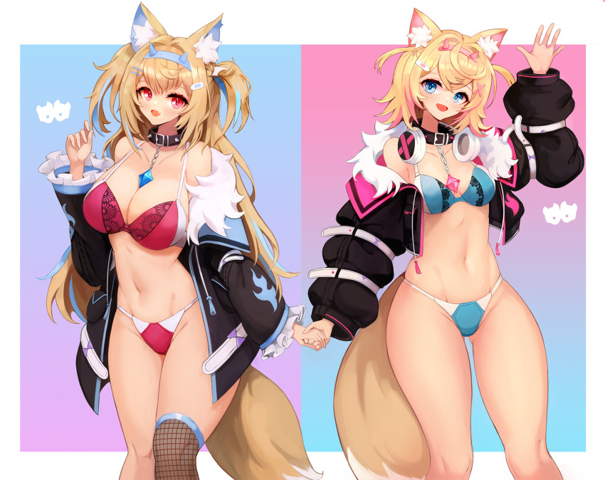 2girls ahoge animal_ear_fluff animal_ears bare_shoulders belt_collar black_collar black_jacket blonde_hair blue_background blue_eyes blue_hair bra breasts chain cleavage collar collarbone cropped_jacket dog_ears dog_girl dog_tail fang frills fur-trimmed_jacket fur_trim fuwawa_abyssgard fuwawa_abyssgard_(1st_costume) hair_ornament hairclip headband headphones headphones_around_neck highres holding_hands hololive hololive_english jacket large_breasts long_hair looking_at_viewer mococo_abyssgard mococo_abyssgard_(1st_costume) multicolored_hair multiple_girls navel notte open_mouth panties pink_background pink_hair red_eyes short_hair siblings single_thighhigh skin_fang small_breasts smile spiked_collar spikes streaked_hair swimsuit tail thighhighs twins two_side_up underwear virtual_youtuber x_hair_ornament