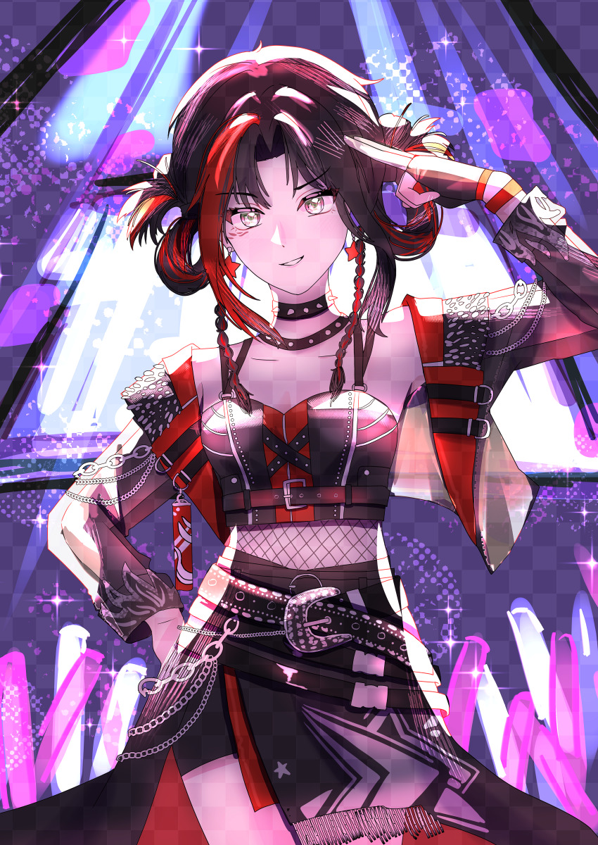 1girl absurdres audience bare_shoulders belt belt_buckle belted_jacket black_belt black_choker black_gloves black_hair black_jacket black_skirt black_tank_top braid brown_belt buckle chain chest_belt chinese_commentary choker collarbone collared_jacket commentary_request counterflow_concerto_(infinity_nikki) cowboy_shot crop_top crossed_belts dot_nose finger_to_head fingerless_gloves fishnets fringe_trim gloves glowstick grey_eyes hair_rings hand_on_own_hip happy highres indoors infinity_nikki jacket jewelry lapels leather leather_jacket long_skirt long_sleeves marking_on_cheek midriff multicolored_hair multiple_belts necklace nikki_(series) notched_lapels parted_bangs penlight_(glowstick) print_skirt punk red_hair red_skirt red_tank_top short_hair_with_long_locks side_braids sidelocks skirt sleeve_cuffs smirk solo sparkle spiked_choker spikes stage standing star_(symbol) star_print streaked_hair studded_belt tank_top teeth twin_braids two-sided_fabric two-sided_jacket two-sided_skirt two-tone_hair two-tone_tank_top wristband zhiqiu138