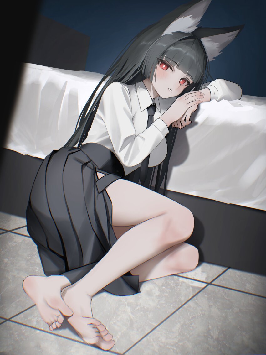 1girl absurdres animal_ear_fluff animal_ears black_hair black_skirt blunt_bangs chromatic_aberration feet fox_ears fox_girl full_body high-waist_skirt highres hoshimi_miyabi indoors long_hair looking_at_viewer parted_lips red_eyes shadow sidelocks skirt soles solo thomas_8000 toes zenless_zone_zero