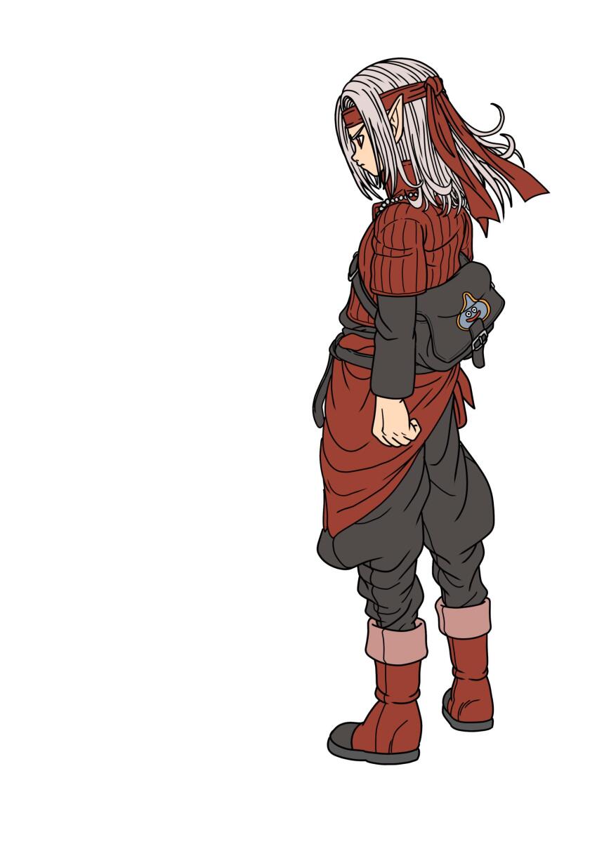 1boy absurdres aged_down belt black_bag black_belt black_pants black_shirt boots dragon_quest dragon_quest_iv dragon_quest_monsters_3 fenyon floating_clothes full_body headband highres jacket jewelry male_focus medium_hair necklace pants pisaro pointy_ears profile red_boots red_eyes red_headband red_jacket red_sash sash shirt slime_(dragon_quest) solo white_background white_hair