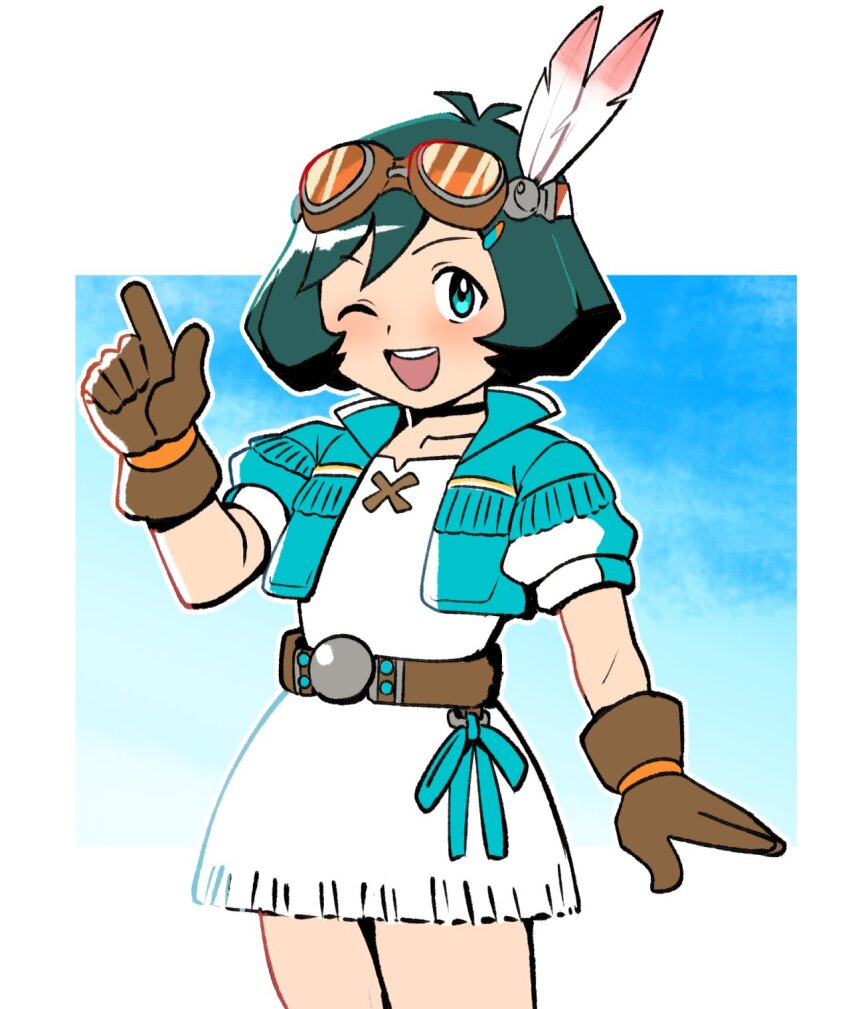 1girl aero_(mega_man) aero_(suetsugu_haruki) belt blue_eyes brown_gloves choker dress feathers gloves goggles goggles_on_head green_hair highres jacket looking_at_viewer mega_man_(series) mega_man_legends_(series) mega_man_legends_3 one_eye_closed open_mouth short_hair skirt smile solo yume_yoroi