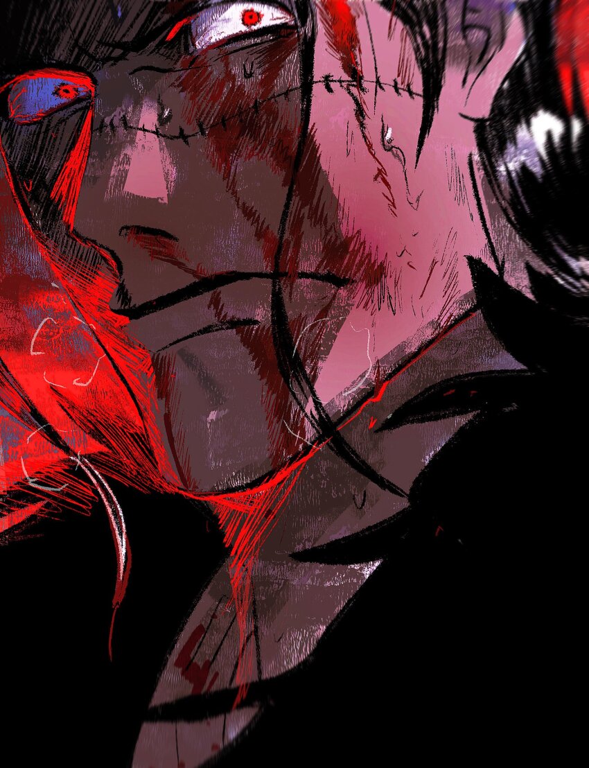 1boy blood blood_on_face bloodshot_eyes close-up closed_mouth constricted_pupils crocodile_(one_piece) frown fyrthik highres looking_to_the_side male_focus nosebleed one_piece portrait red_eyes scar scar_on_face sideways_glance solo upper_body