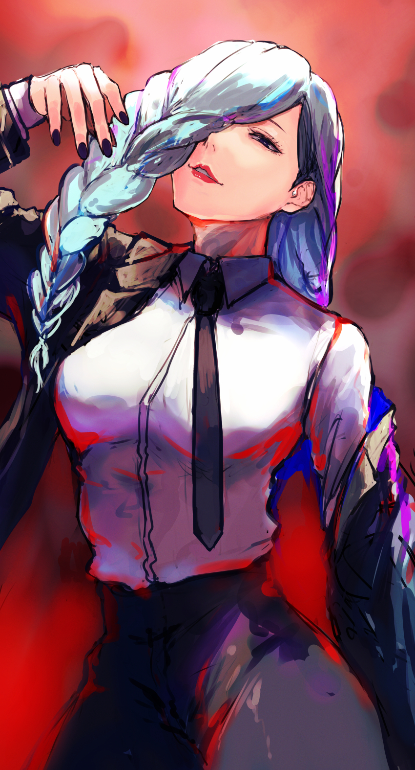 1girl absurdres black_jacket black_necktie black_pants blue_hair braid braided_bangs hair_over_one_eye highres jacket jujutsu_kaisen lipstick long_hair long_sleeves looking_at_viewer makeup mature_female mei_mei_(jujutsu_kaisen) necktie one_eye_covered pants purple_nails red_background shirt single_off_shoulder solo white_shirt yuu_(primenumber7)