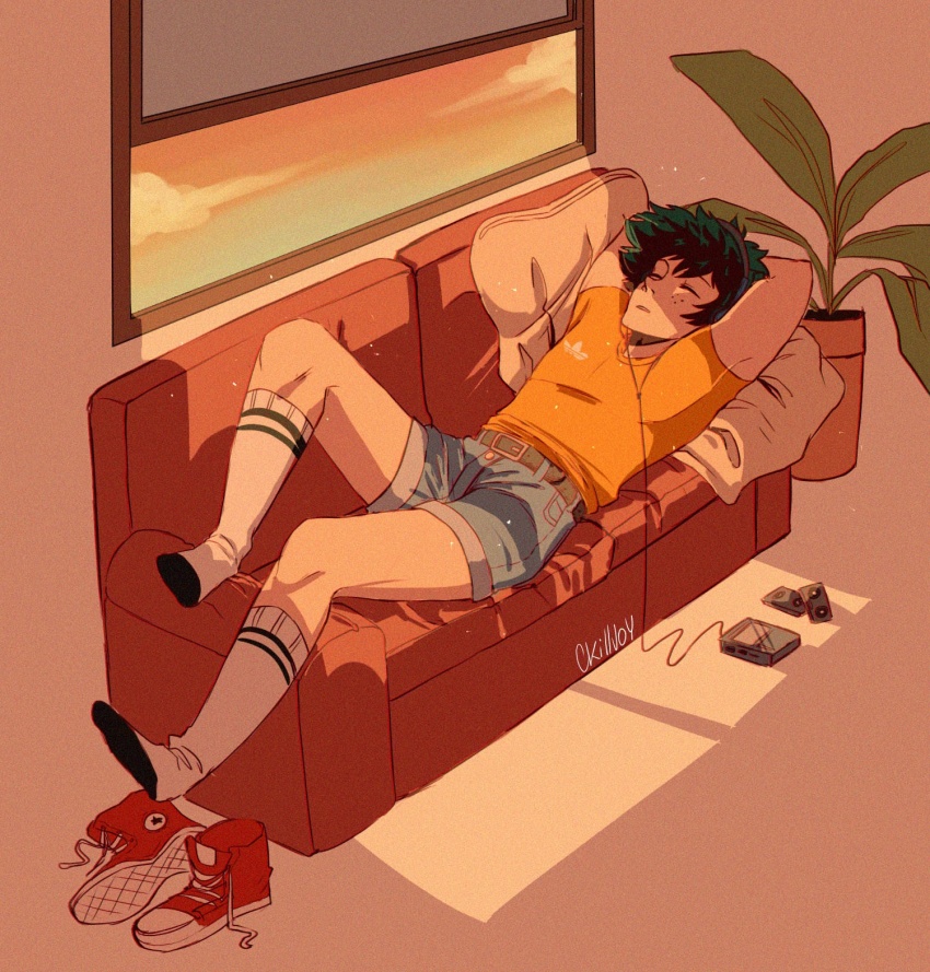 1boy adidas arms_behind_head belt black_belt blue_shorts boku_no_hero_academia cassette_player cassette_tape closed_eyes commentary couch freckles full_body green_hair headphones highres male_focus mica_(c_killjoy) midoriya_izuku orange_shirt pillow plant potted_plant red_shoes shirt shoes short_shorts shorts signature sleeping socks solo t-shirt unworn_shoes white_socks window