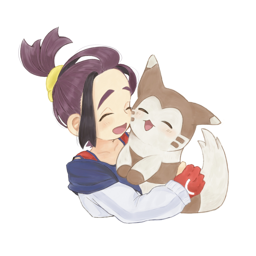 1boy :d affectionate black_hair closed_eyes commentary_request furret gen_2_pokemon gloves happy highres jacket kieran_(pokemon) male_focus multicolored_hair nintendo open_mouth partially_fingerless_gloves pokemon pokemon_(creature) pokemon_sv porimo_(jddj7528) purple_hair red_gloves red_shirt shirt simple_background smile two-tone_hair white_background white_jacket