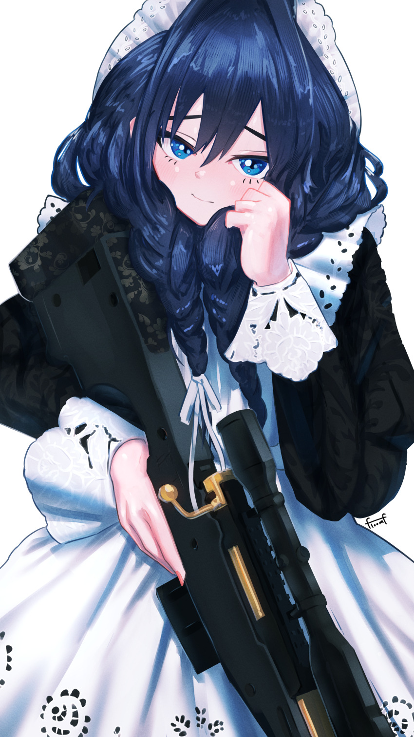 1girl absurdres apron black_dress blue_eyes blue_hair braid closed_mouth dress floomf gun highres holding holding_gun holding_weapon hololive hololive_english long_hair looking_at_viewer low_twin_braids maid maid_apron official_alternate_costume official_alternate_hairstyle ouro_kronii ouro_kronii_(maid) rifle simple_background sniper_rifle solo twin_braids virtual_youtuber weapon white_apron white_background