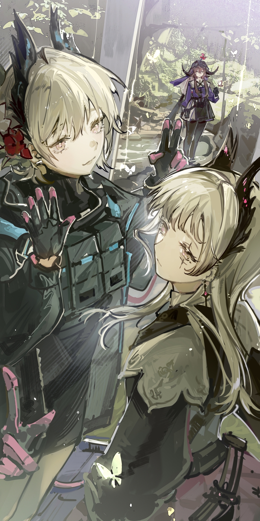 3girls absurdres arknights creator_connection flower hair_flower hair_ornament head_wings highres irene_(arknights) multiple_girls pallas_(arknights) raidian_(arknights) scar scar_across_eye scar_on_face short_hair spr75 waving wings
