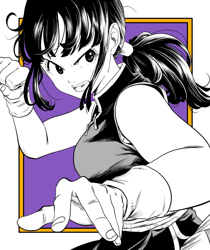 1girl bare_arms black_eyes black_hair blunt_bangs border breasts chi-chi_(dragon_ball) china_dress chinese_clothes clenched_hand dragon_ball dragon_ball_(classic) dress eyelashes facing_viewer fighting_stance fingernails floating_hair frown hair_strand hand_up high_collar highres lee_(dragon_garou) long_eyelashes looking_afar medium_breasts monochrome obi open_mouth ponytail purple_background realistic sash serious side_slit sidelocks sleeveless sleeveless_dress solo square teeth two-tone_background upper_body upper_teeth_only v-shaped_eyebrows white_border wristband yellow_border