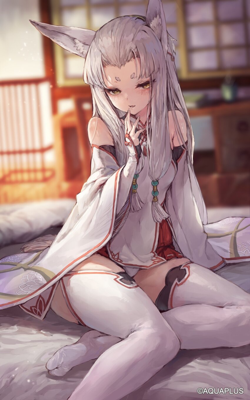 1girl animal_ear_fluff animal_ears arm_support artist_name bare_shoulders blurry blurry_background blush collarbone detached_sleeves fox_ears fox_tail hair_ornament hand_to_own_mouth highres indoors long_hair long_sleeves looking_at_viewer no_shoes panties parted_lips shirayuki_(utawarerumono) sidelocks signature sitting smile solo suzuno_(bookshelf) tail thighhighs thighs underwear utawarerumono utawarerumono:_lost_flag very_long_hair wariza white_hair white_panties white_thighhighs wide_sleeves yellow_eyes zettai_ryouiki