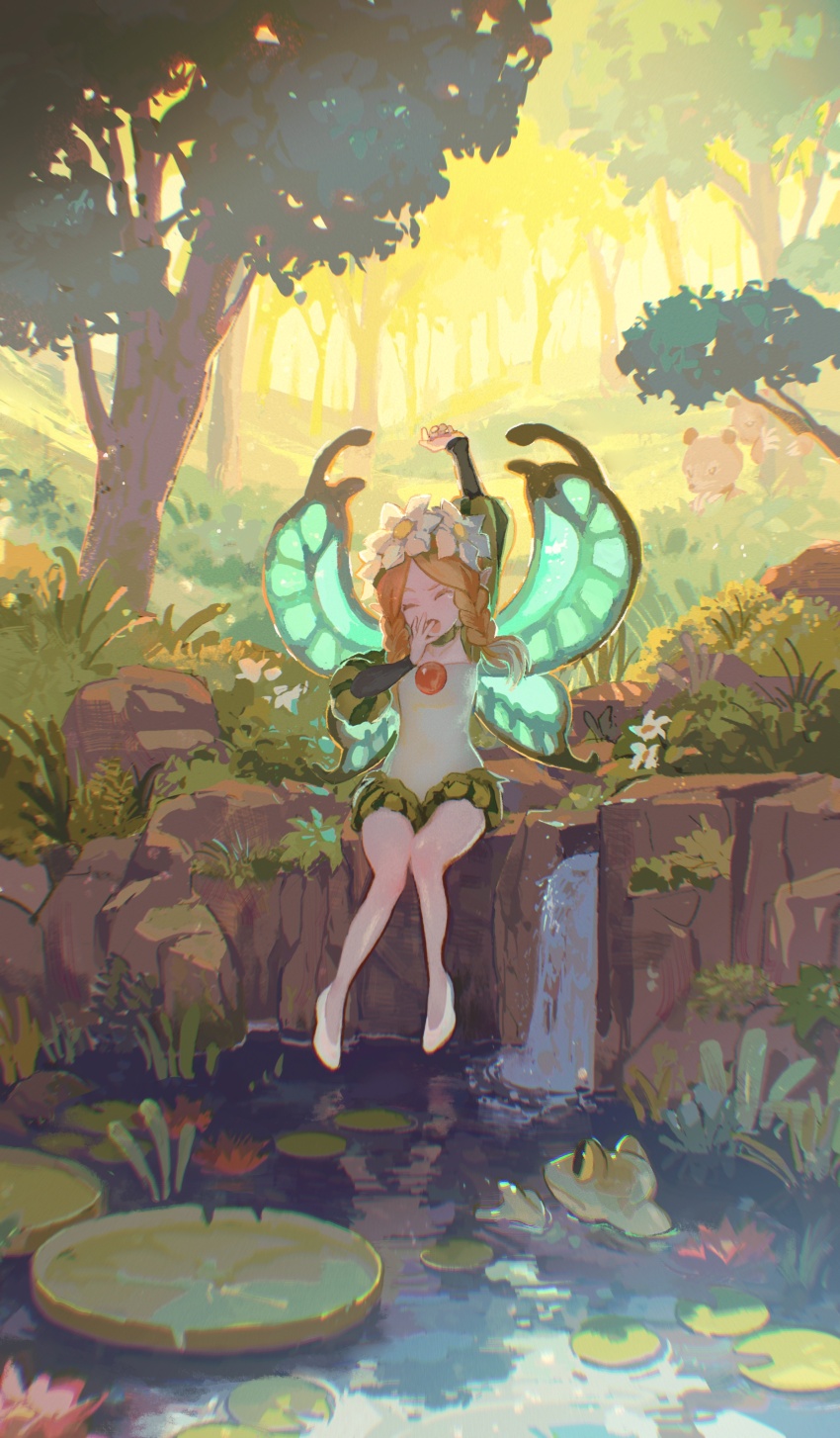 1girl absurdres bear blonde_hair braid butterfly_wings closed_eyes fairy forest frog full_body highres insect_wings lily_pad long_hair mercedes_(odin_sphere) mossan351 nature odin_sphere open_mouth pond sitting stretching tree twin_braids water wings yawning