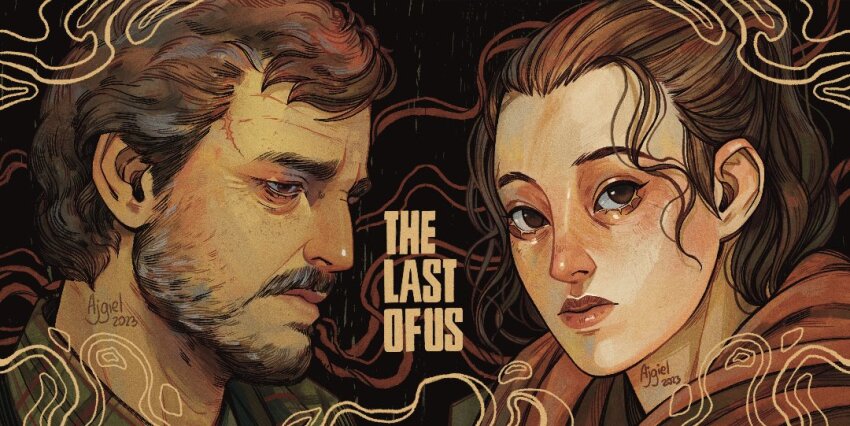 1boy 1girl ajgiel bags_under_eyes black_background brown_eyes brown_hair ellie_(the_last_of_us) facial_hair freckles green_shirt hair_between_eyes hood hoodie joel_(the_last_of_us) long_hair looking_at_another looking_at_viewer ponytail portrait red_hoodie scar shirt short_hair signature the_last_of_us the_last_of_us_(series) title