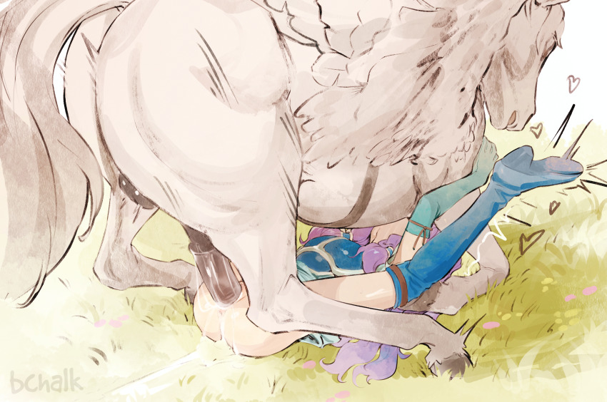 1girl animal_penis bestiality blue_boots boots butterchalk commentary english_commentary fire_emblem fire_emblem:_the_blazing_blade florina_(fire_emblem) highres horse horse_penis huey_(fire_emblem) lying mating_press missionary nintendo on_back outdoors penis sex uncensored vaginal