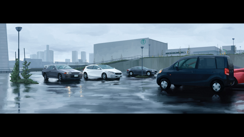 absurdres building car city cityscape cloud cloudy_sky commentary_request grey_sky highres lamppost letterboxed motor_vehicle nissan_skyline nissan_skyline_r32 no_humans original outdoors parking_lot rain reflection rudeko32 scenery sky skyscraper tokyo_(city) vehicle_focus wide_shot