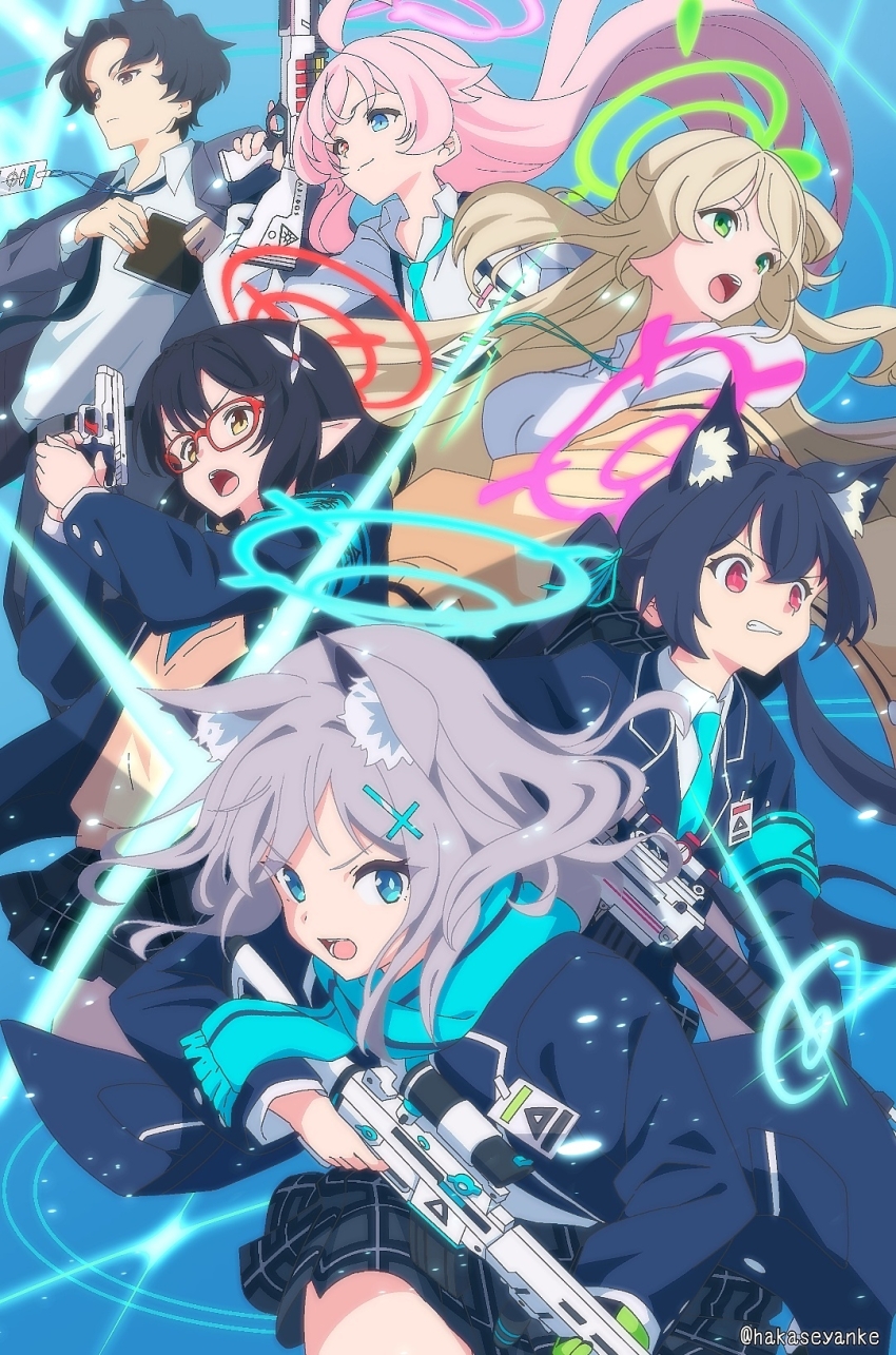 1boy 5girls :3 :d ahoge animal_ear_fluff animal_ears aqua_armband aqua_necktie aqua_scarf armband assault_rifle ayane_(blue_archive) belt beretta_1301 beretta_ar70/90 black_hair black_necktie black_skirt blazer blue_archive blue_background blue_eyes blue_halo blue_jacket breasts brown_eyes cardigan cat_ears chest_strap collared_shirt commentary_request criss-cross_halter double-parted_bangs dress_shirt flower formal_clothes frown gatling_gun glasses green_hair grey_hair grey_jacket grey_pants gun hair_between_eyes hair_flaps hair_flower hair_ornament halo halterneck handgun hands_up heterochromia highres holding holding_gun holding_weapon hoshino_(blue_archive) huge_ahoge id_card jacket kaisendonburi lanyard long_hair long_sleeves m134_minigun magazine_(weapon) medium_breasts medium_hair mismatched_pupils multiple_girls necktie nonomi_(blue_archive) off_shoulder open_clothes open_jacket open_mouth orange_eyes pants peanut_mouth pink_hair pink_halo plaid_clothes plaid_skirt pleated_skirt pointy_ears red-framed_eyewear red_eyes red_halo rifle scarf scope sensei_(blue_archive) sensei_(blue_archive_the_animation) serika_(blue_archive) shiroko_(blue_archive) shirt short_hair shotgun shotgun_shell sidelocks sig_p228/p229 sig_sauer sig_sauer_556 skirt smile striped_clothes striped_scarf suit suit_jacket teeth twintails twitter_username upper_teeth_only v-neck very_long_hair weapon white_shirt wolf_ears yellow_eyes