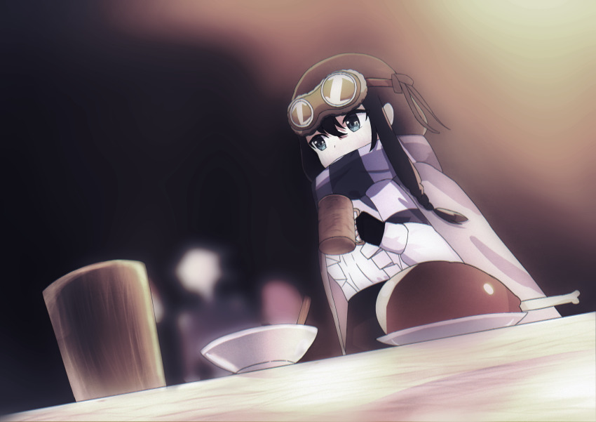 1girl alina_clover black_gloves black_hair black_skirt blue_eyes blurry blurry_background boned_meat chicken_(food) cloak cup fingerless_gloves food from_below gloves goggles goggles_on_head guild_no_uketsukejou_desu_ga_zangyou_wa_iya_nanode_boss_wo_solo_toubatsu_shiyou_to_omoimasu hair_between_eyes highres holding holding_cup litoru long_hair looking_to_the_side meat purple_cloak shirt skirt solo table white_shirt wooden_cup