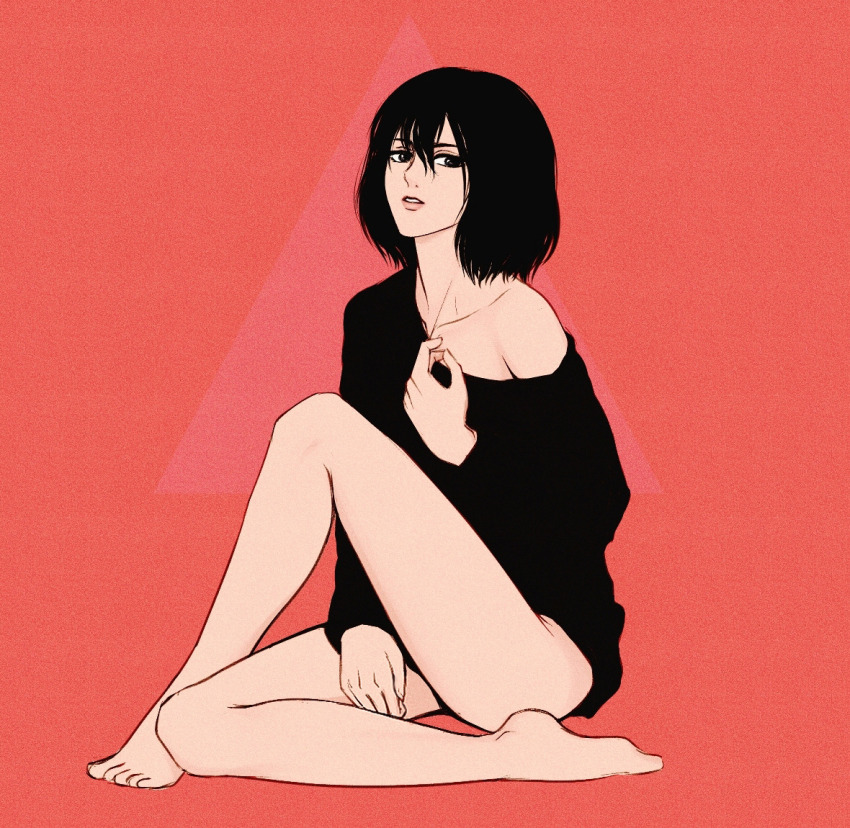 1girl barefoot black_eyes black_hair black_sweater commentary daydream24-7 english_commentary film_grain full_body medium_hair mikasa_ackerman no_pants off_shoulder parted_lips pink_lips red_background shingeki_no_kyojin solo sweater