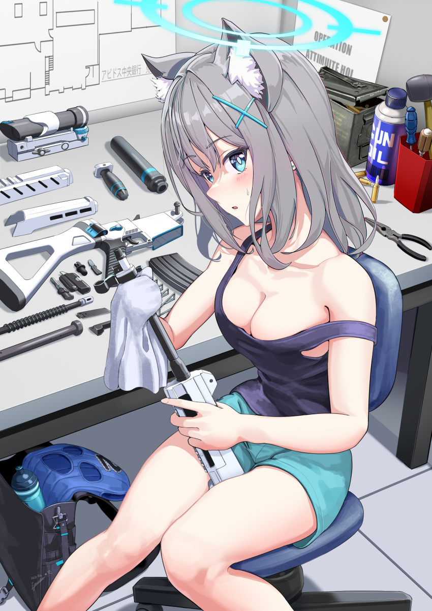 1girl absurdres alternate_costume ammunition_box animal_ear_fluff animal_ears assault_rifle bag balaclava blue_archive blue_eyes blue_shorts blueprint_(object) bottle breasts bullet casual chair cleaning cleaning_weapon cleavage collarbone commentary_request cross_hair_ornament desk earrings english_text estrella_(uypu4574) extra_ears from_above grey_hair gun hair_between_eyes hair_ornament halo hammer head_tilt highres holding holding_gun holding_weapon indoors jewelry knees_together_feet_apart looking_at_viewer looking_up magazine_(weapon) maintenance medium_breasts medium_hair office_chair optical_sight parted_lips pliers rifle school_bag screwdriver shiroko_(blue_archive) short_shorts shorts sidelocks sig_sauer_556 sitting sleeveless solo sweatdrop swivel_chair tank_top water_bottle weapon wolf_ears wolf_girl