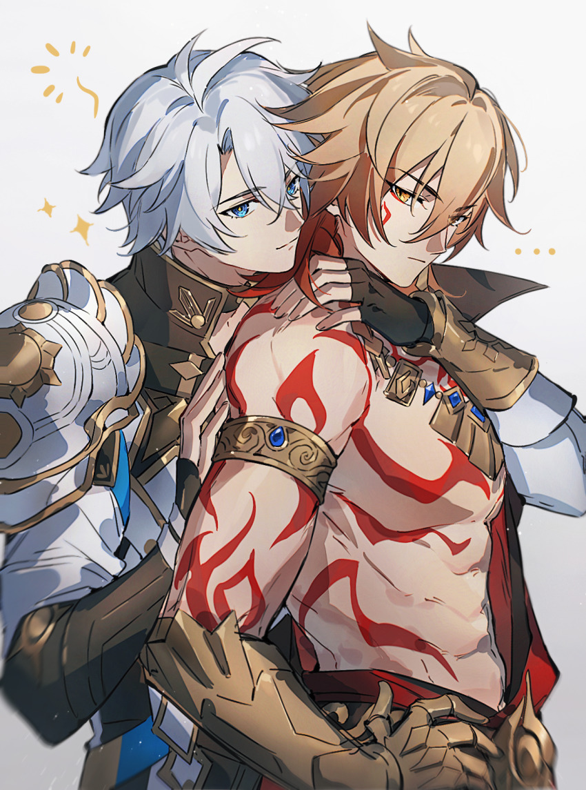 ... 2boys abs arm_tattoo armlet armor armored_gloves chest_tattoo chinese_commentary choker clawed_gauntlets coat collared_coat commentary_request facial_tattoo fingerless_gloves gloves gold_necklace gradient_hair highres honkai:_star_rail honkai_(series) jewelry leaning_on_person looking_at_viewer male_focus multicolored_hair multiple_boys muscular muscular_male mydei_(honkai:_star_rail) necklace open_clothes open_coat osamu18568716 phainon_(honkai:_star_rail) red_hair red_tattoo shoulder_armor sparkle tattoo toned toned_male yaoi