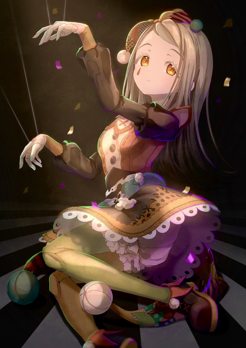 1girl absurdres arm_up asymmetrical_legwear black_skirt brown_eyes brown_hair brown_shirt brown_shoes closed_mouth colored_eyelashes commentary_request doll_joints facial_mark gakuen_idolmaster green_pantyhose halloween hat highres idolmaster jester_cap joints juliet_sleeves long_hair long_sleeves looking_at_viewer mismatched_legwear moko39_takasora pantyhose puffy_sleeves puppet_strings shinosawa_hiro shirt shoes skirt solo swept_bangs very_long_hair yellow_pantyhose