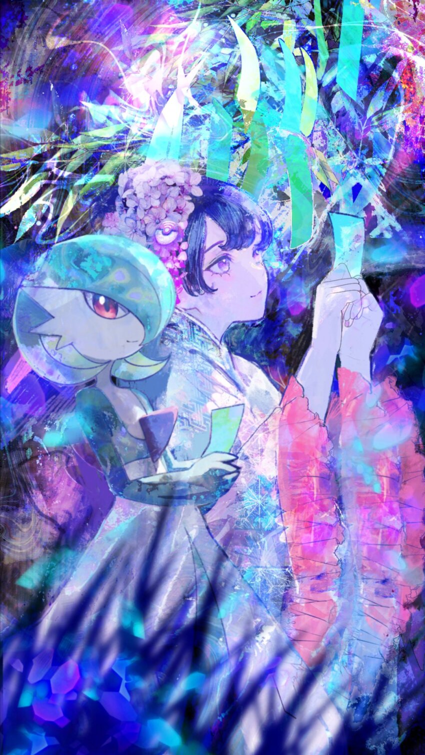 1girl black_hair bob_cut colored_skin dress flower gardevoir gen_3_pokemon green_hair hair_flower hair_ornament hair_over_one_eye ham_melon_(iloha_24) highres holding holding_tanzaku japanese_clothes kimono multicolored_skin nintendo pink_eyes poke_ball_hair_ornament pokemon pokemon_(creature) second-party_source smile tanabata tanzaku two-tone_skin white_dress white_skin wide_sleeves