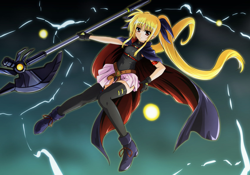 1girl arm_strap bardiche_(axe_form)_(nanoha) bardiche_(nanoha) belt black_leotard black_thighhighs blonde_hair boots cape diesel-turbo fate_testarossa fate_testarossa_(movie_1st_form) female_focus gloves gradient_background hair_ribbon leotard long_hair looking_at_viewer lyrical_nanoha magical_girl mahou_shoujo_lyrical_nanoha mahou_shoujo_lyrical_nanoha_the_movie_1st red_eyes ribbon showgirl_skirt sleeveless solo thighhighs twintails
