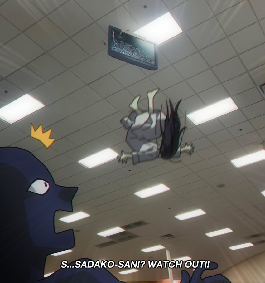 1girl 1other barefoot black_hair ceiling ceiling_light cioccolatodorima dress english_text falling fluorescent_lamp from_below full_body highres indoors long_dress long_hair meme midair photo_background subtitled television the_ring tile_ceiling tiles watching_the_ring_video_on_this_so_when_the_girl_comes_out_she_breaks_her_neck_(meme) white_dress yamamura_sadako